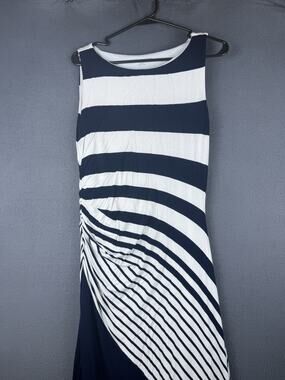Soft Surroundings Dress Womens Medium Blue White Striped Maxi Layered Nautical
